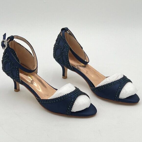 XYD Navy Chic Peep Toe D'Orsay Kitten Heel Rhinestone Studs Ankle Strap Sandals - Picture 4 of 8